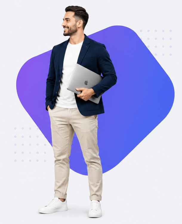 Creative director standing over a blue and violet gradient shape